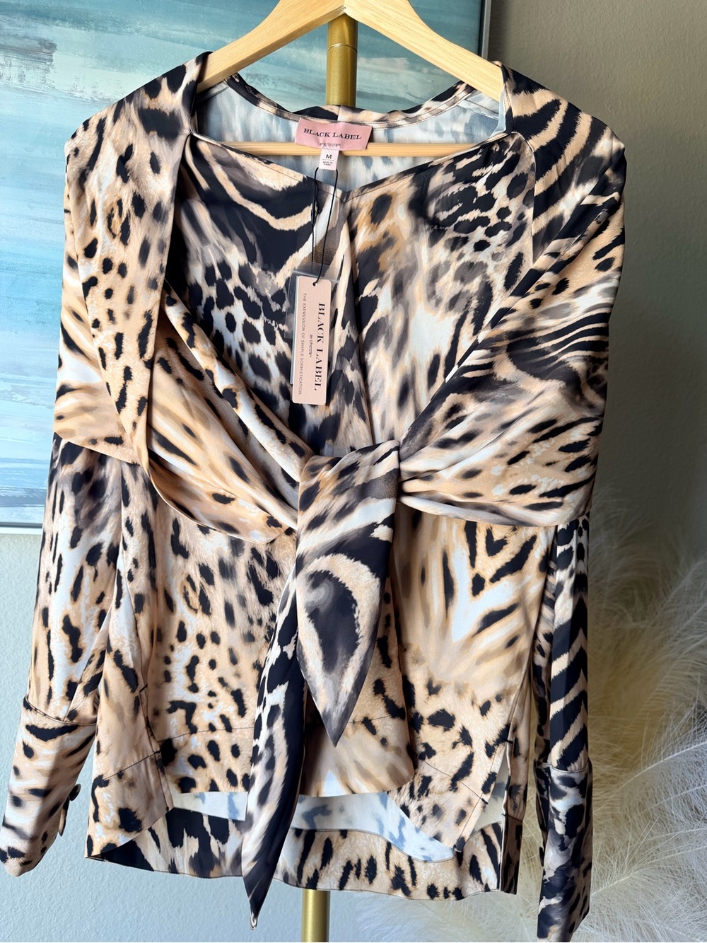 Chico’s Black Label Leopard Print Tie-Front Blouse | Beige & Black